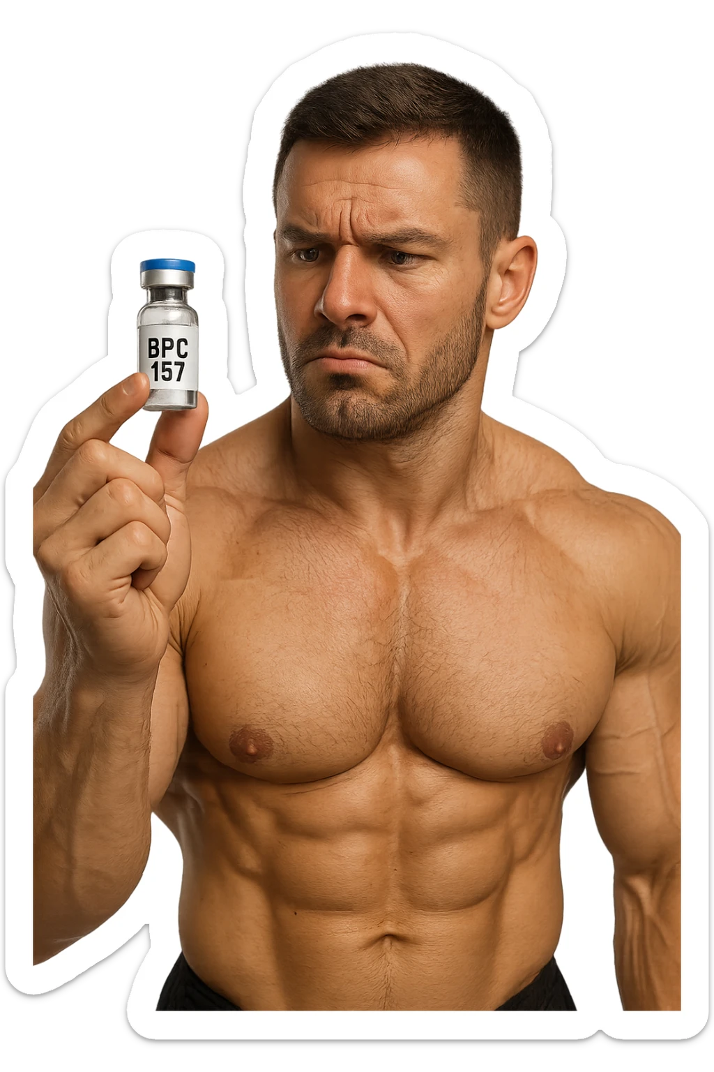 BODYBUILDER CHE TIENE IN MANO UNA FIALA MEDICA CON la scritta "BPC 157" SULL'ETICHETTA E LA GUARDA DUBBIOSO, iperrealistico 4k sticker