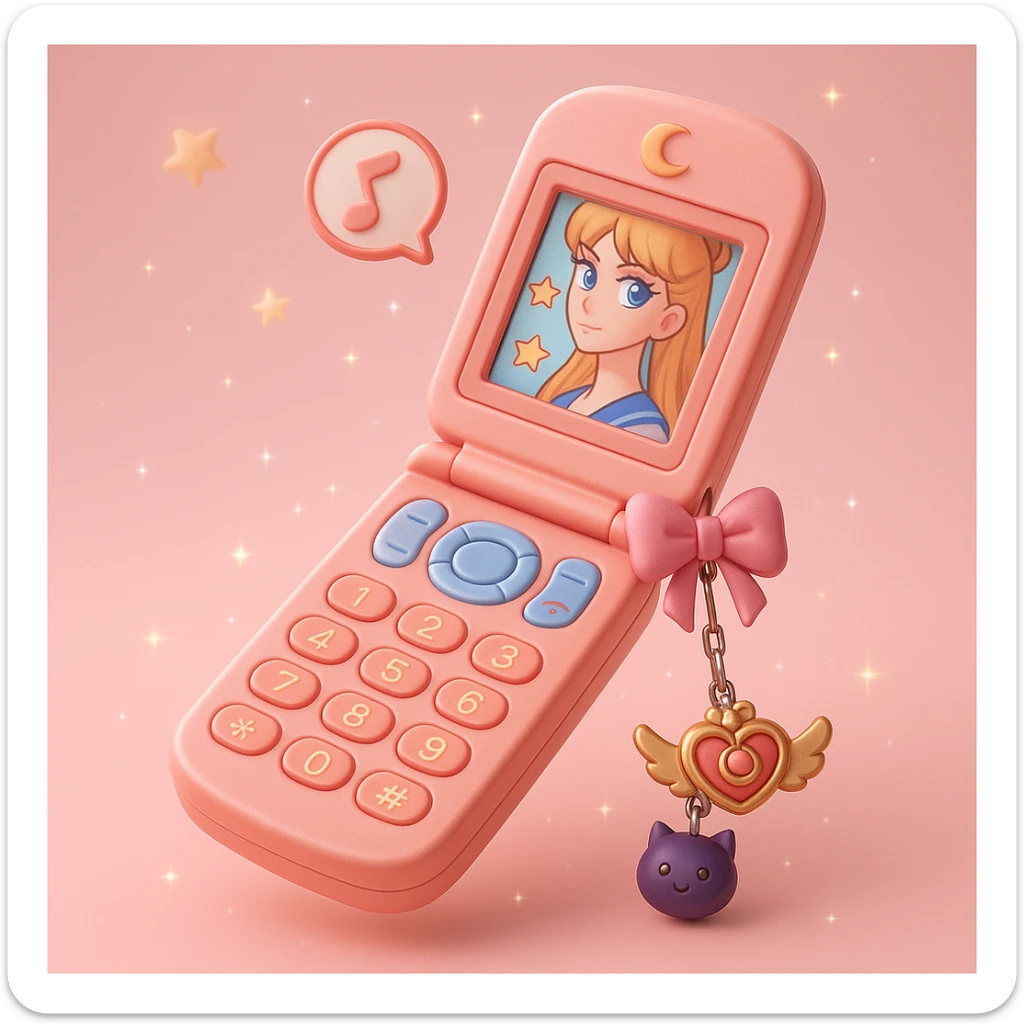 A pink flip phone with a pink bow, a pink background with stars, and a pink charm with a cat, in 3D iOS style, with more details. sticker