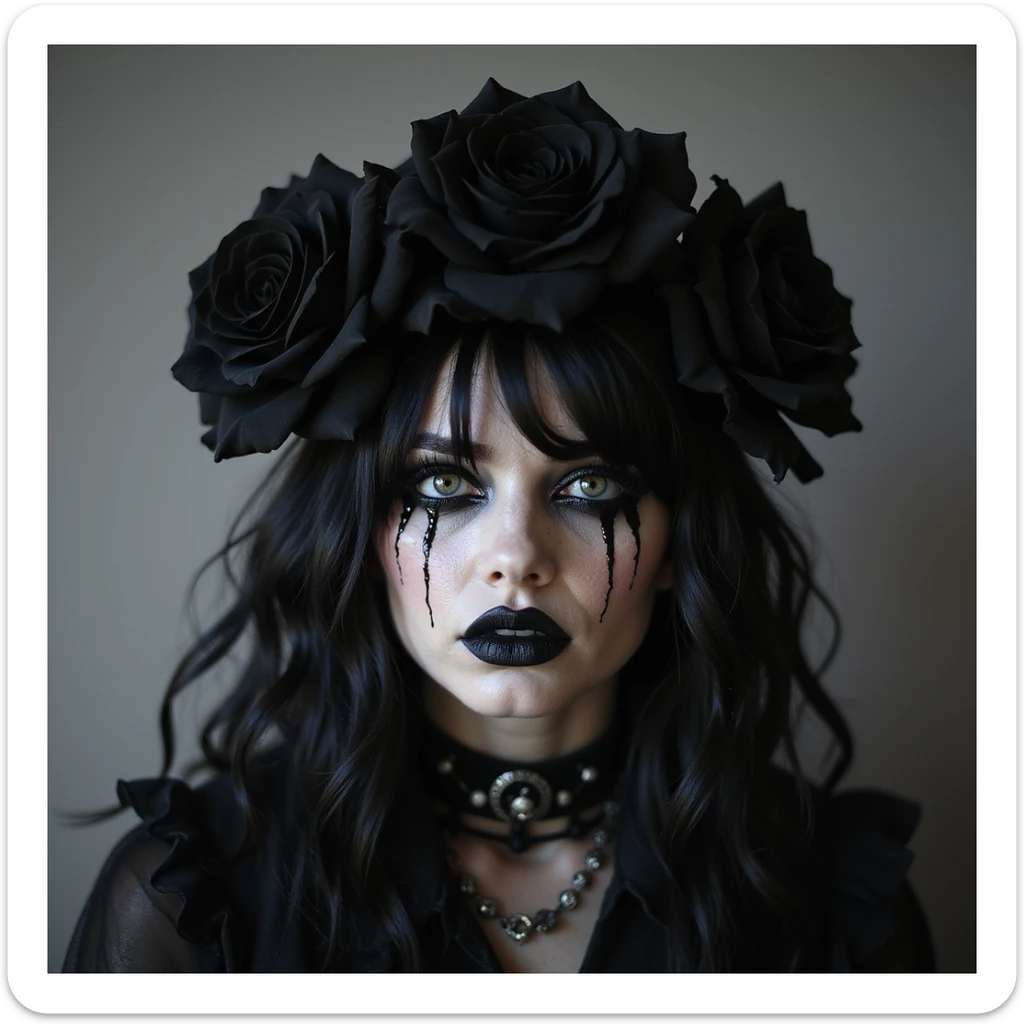 BLACKPINK inspired goth emoji, photorealistic style, black roses, dark tears, haunting look, deep shadows sticker