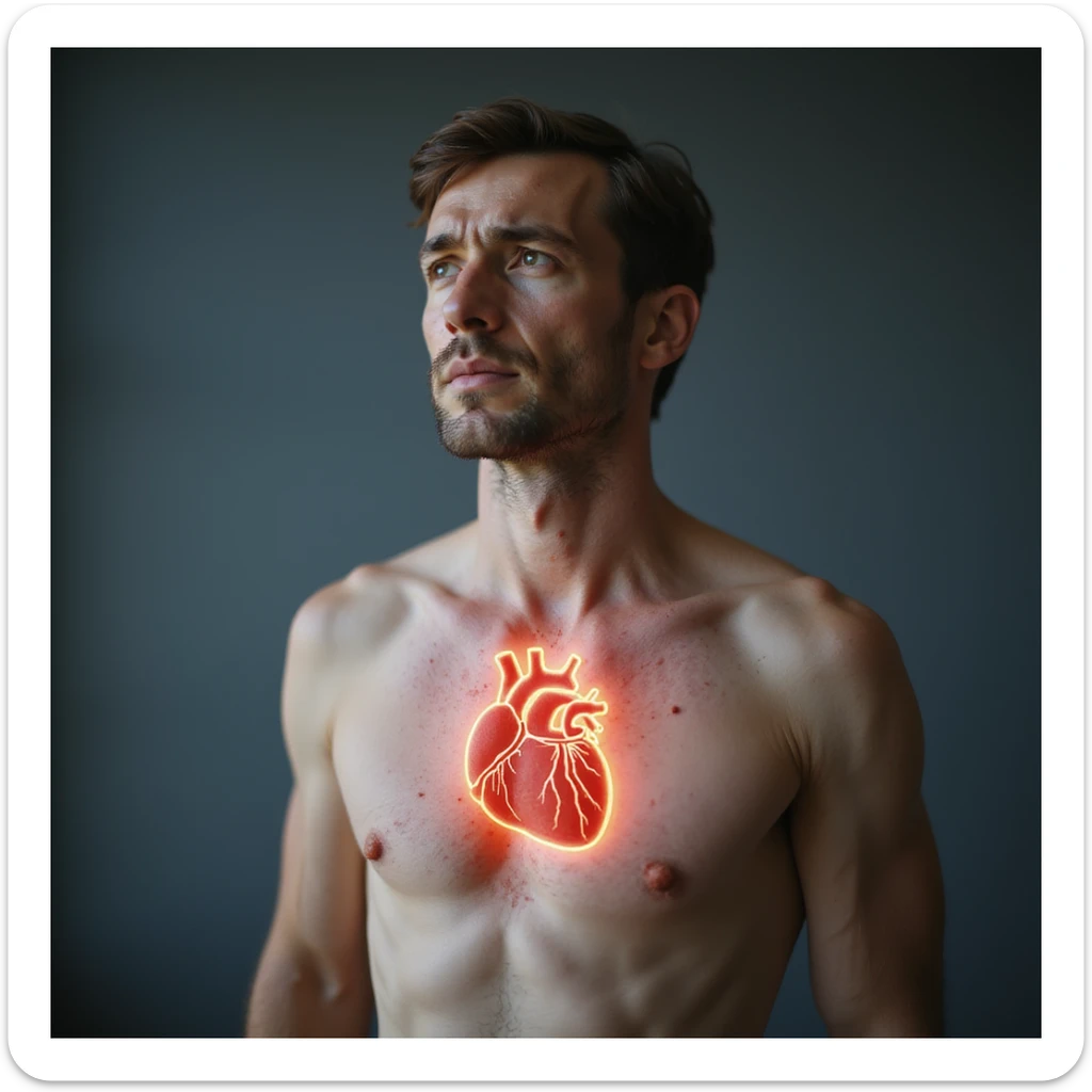 realistic adult man with simple clothing, body showing signs of autoimmune diseases: stylized thyroid and heart highlighted, skin with spots and swelling, discomfort atmosphere, realistic details, clinical background, 4K quality sticker