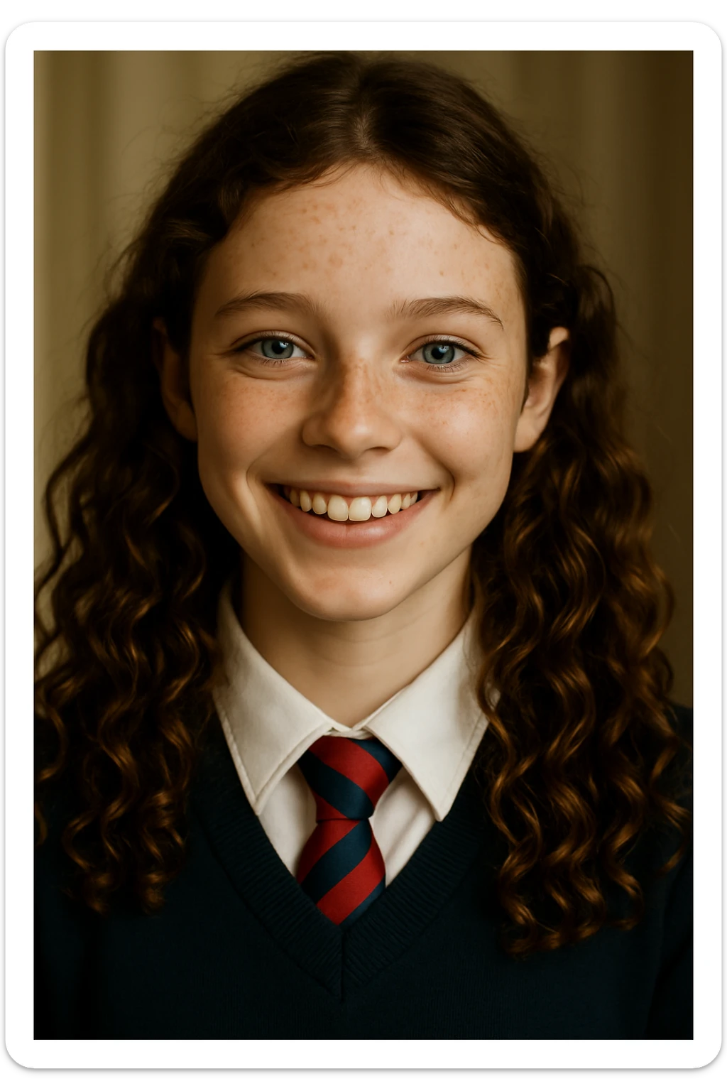 Make the girl's hair longer and curly, and put her in a school uniform. Maintain the original style and details of the image. sticker