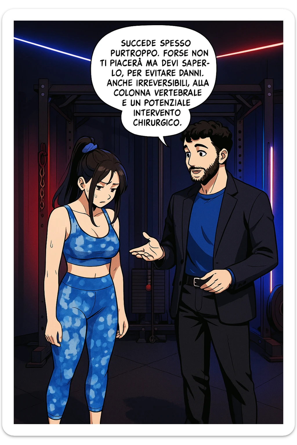 fai questa immagine in versione manga/webtoon a colori, il manga mostra l'uomo che risponde alla donne:
Succede spesso purtroppo. 
Forse non ti piacerà ma devi saperlo, per evitare danni, anche irreversibili, alla colonna vertebrale e un potenziale intervento chirurgico. sticker