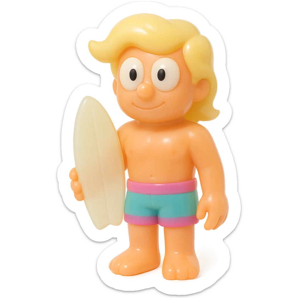 full-body surfer bro, retro 90's toy style, very transparent and slightly see-through, natural tan skin, blonde hair, colorful shorts, large white eyeballs with small black pupils, soft plastic texture, soft reflections, soft and squishy, some cloudiness, not shiny, highly detailed, appealing, no tag, no background sticker