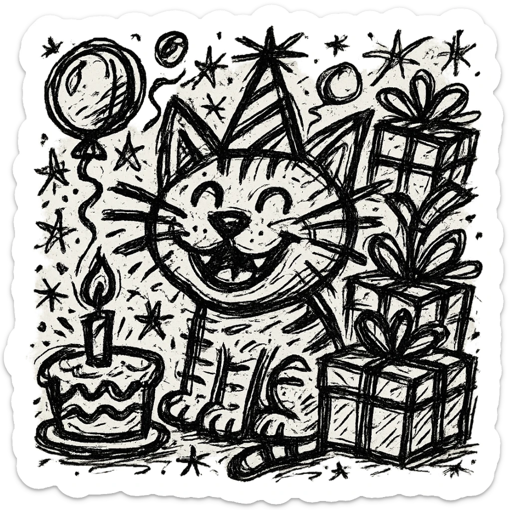 Add more gifts around the kitten, keeping the chaotic outlined style and all original elements intact sticker