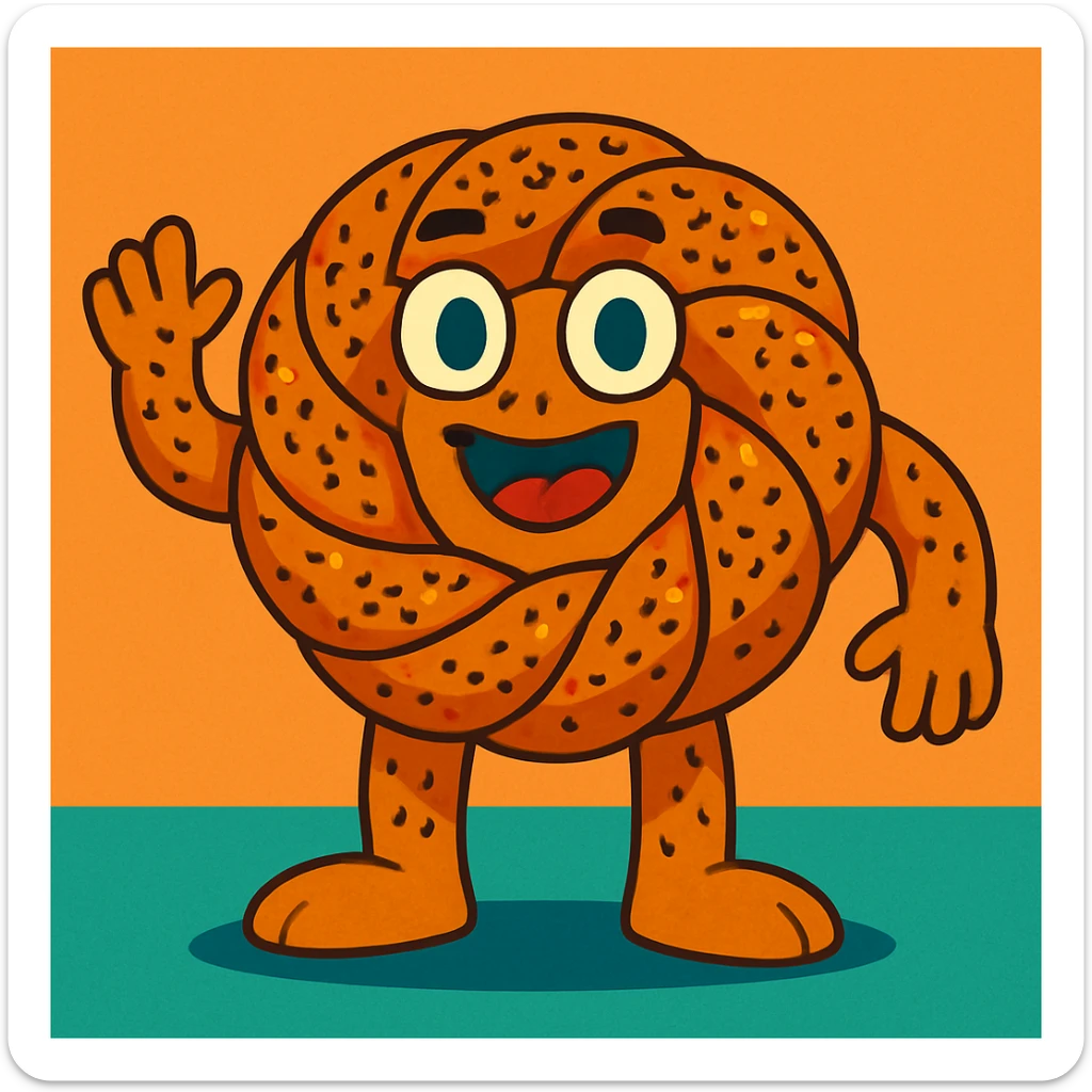 fantasy creature made of Turkish simit with sesame seeds, arms and legs, friendly monster face sticker