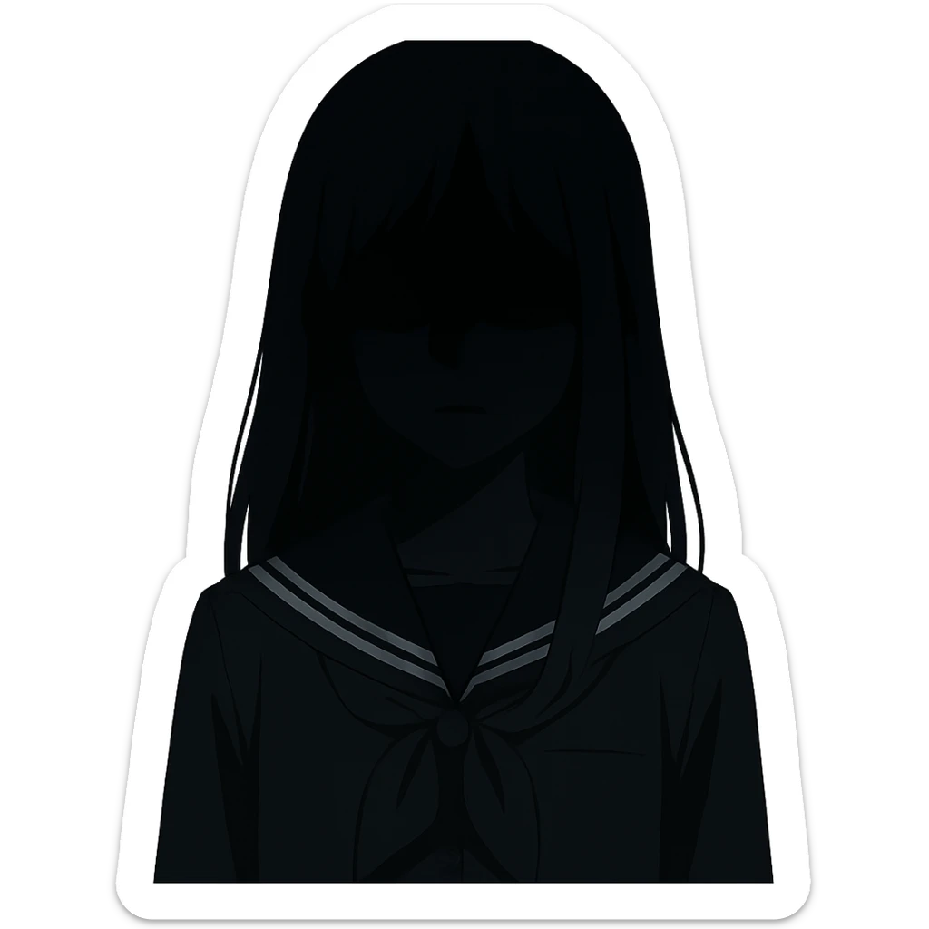 Girl in the shade, dark hair, dark school uniform, face in shadow, only outlines of eyes and mouth visible sticker