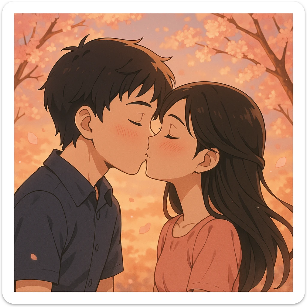 a boy named Joel kissing a girl named Madhu, affectionate, romantic, anime style sticker