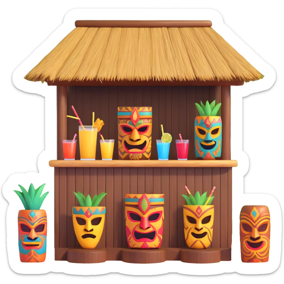 emoji of a tiki bar with Hawaiian motifs, wooden masks, colorful drinks sticker