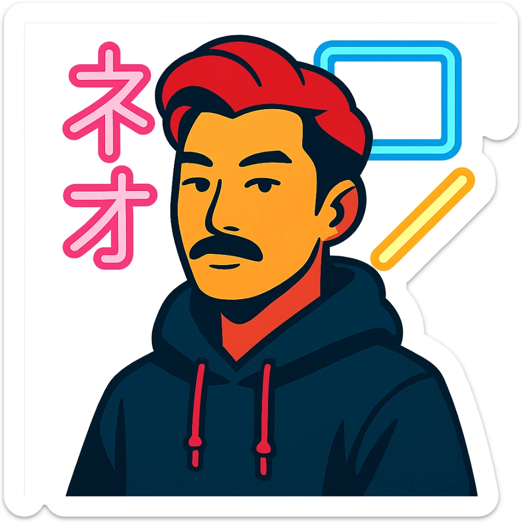 Asian man with black mustache, red hair, black hoodie, neon lights, Japanese cyberpunk anime style sticker