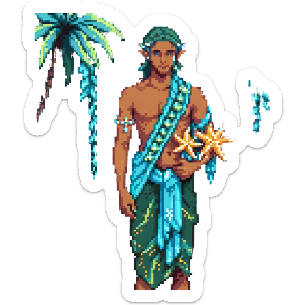 elf male Sarong with bioluminescent embroidery, armful of starfish, hair in a braid with pearl pins sticker