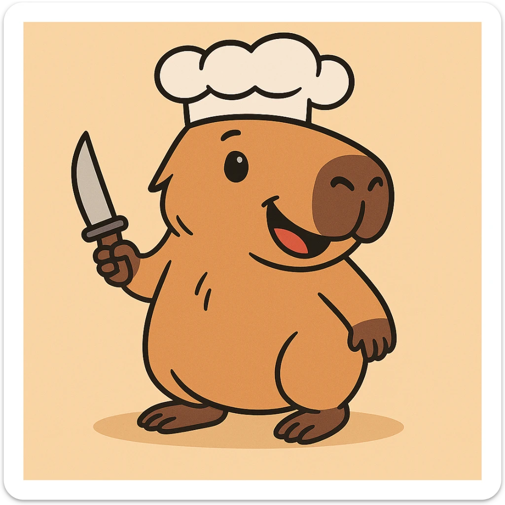 Add a chef hat to the adorable cartoon capybara with a small knife, keeping it friendly and non-threatening in appearance. sticker