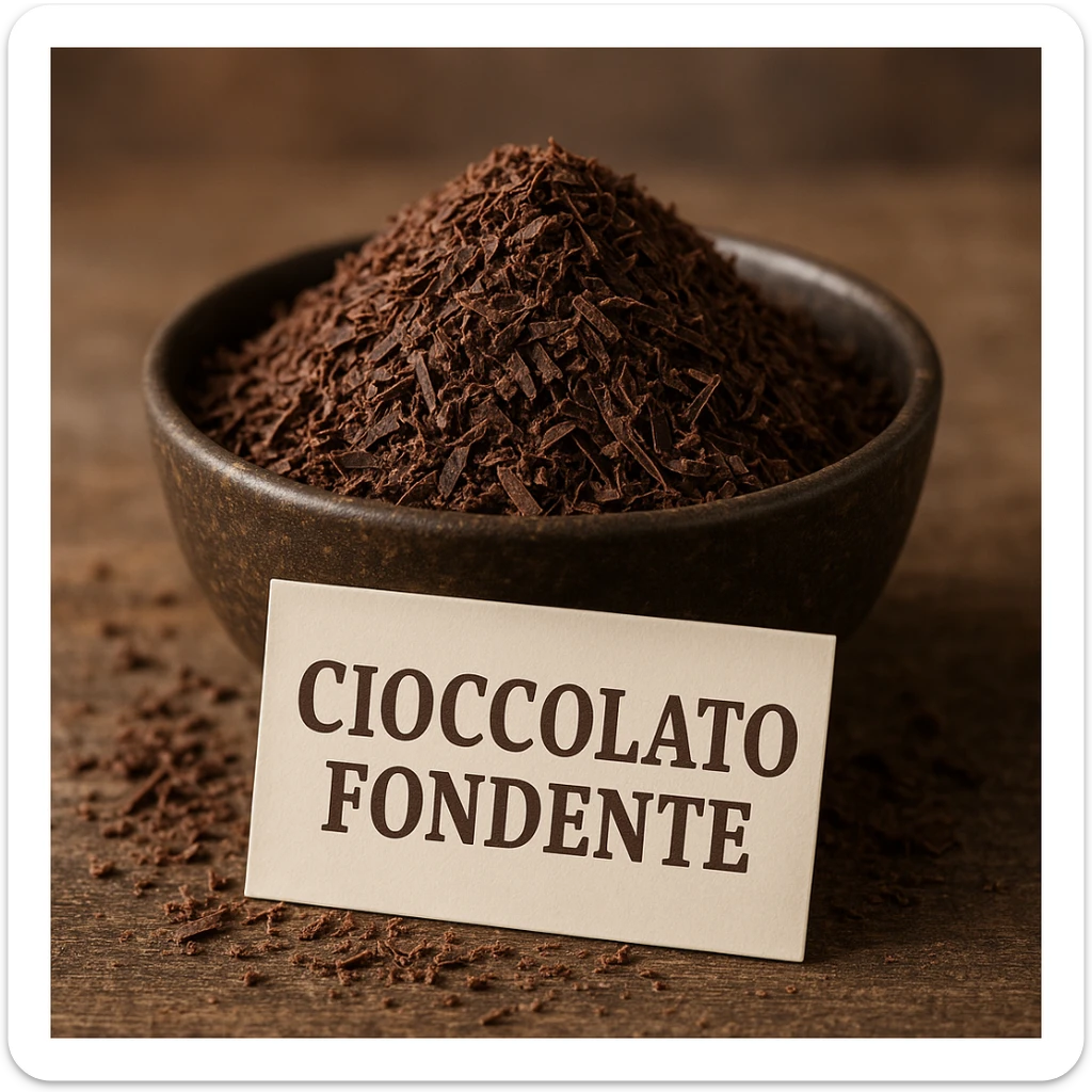 photo realistic grated dark chocolate in a bowl with the label 'cioccolato fondente' in Italian sticker