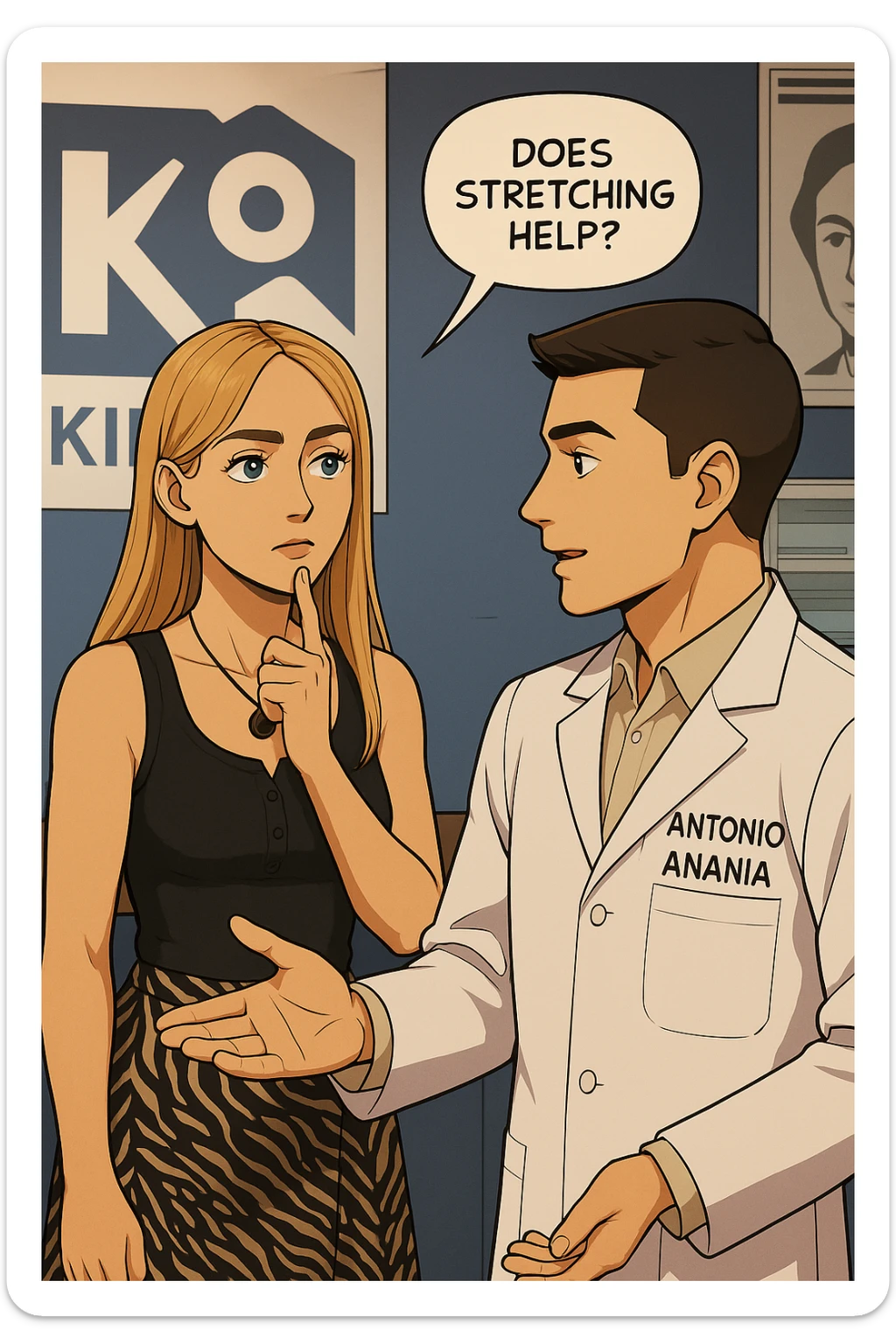 fai un webtoon/manga a colori con questo kinesiologo in camice bianco (fagli la scritta "ANTONIO ANANIA" SUL CAMICE) CHE PARLA CON QUESTA RAGAZZA CON GLI OCCHI AZZURRI. la ragazza HA UN DITO SUL MENTO MENTRE PENSIEROSA gli fa una domanda e IL KINESIOLOGO CON IL CAMICE BIANCO LE risponde. NON FARE I FUMETTI, FAI SOLO LORO COME SE DIALOGASSERO sticker