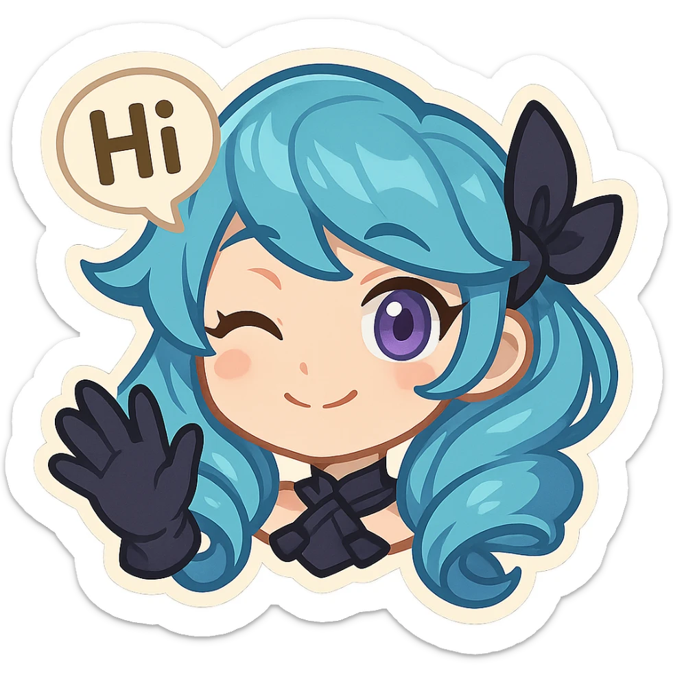 Gwen from League of Legends, chibi style, only head, right eye purple, one hand waving with glove, hi emote, gentle and friendly, no text sticker