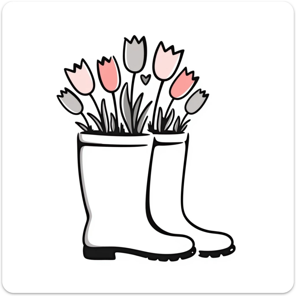 Rubber rain boots/wellington boots with tulip flowers sticking out from the top, in pastel colors (dd9fb0, ffc6d3, a3bfc9, c4bee2, f1b091), hand-drawn doodle style sticker