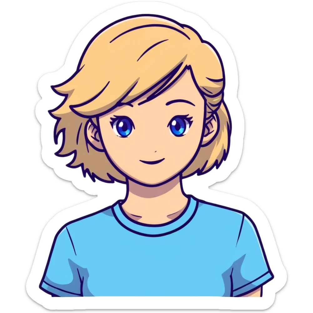 light gentle 20 year old girl in a shirt, light hair, blue eyes sticker