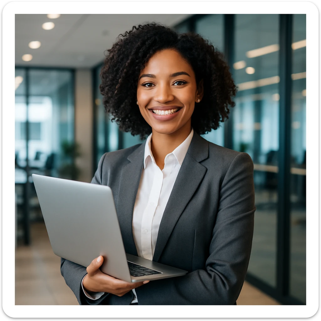 A mixed race young woman in a blazer, holding a laptop, smiling confidently, representing a successful corporate leader. sticker