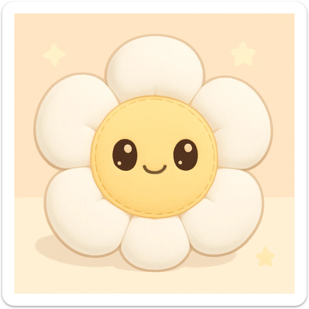 Make the kawaii plush flower with white petals and a yellow center, chubby petals, embroidered details, happy face. sticker