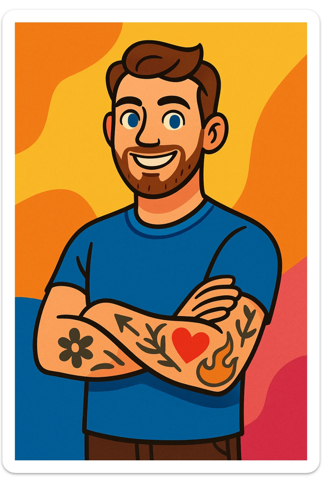 25-year-old man, blue eyes, brown hair, short beard, tattoos on left arm, arms crossed, smiling proudly, cartoon style sticker
