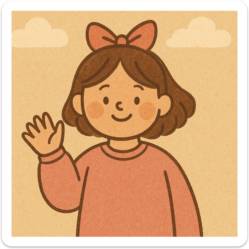 a cheerful girl waving, pink sweatshirt, bow on her head, modern flat illustration style sticker