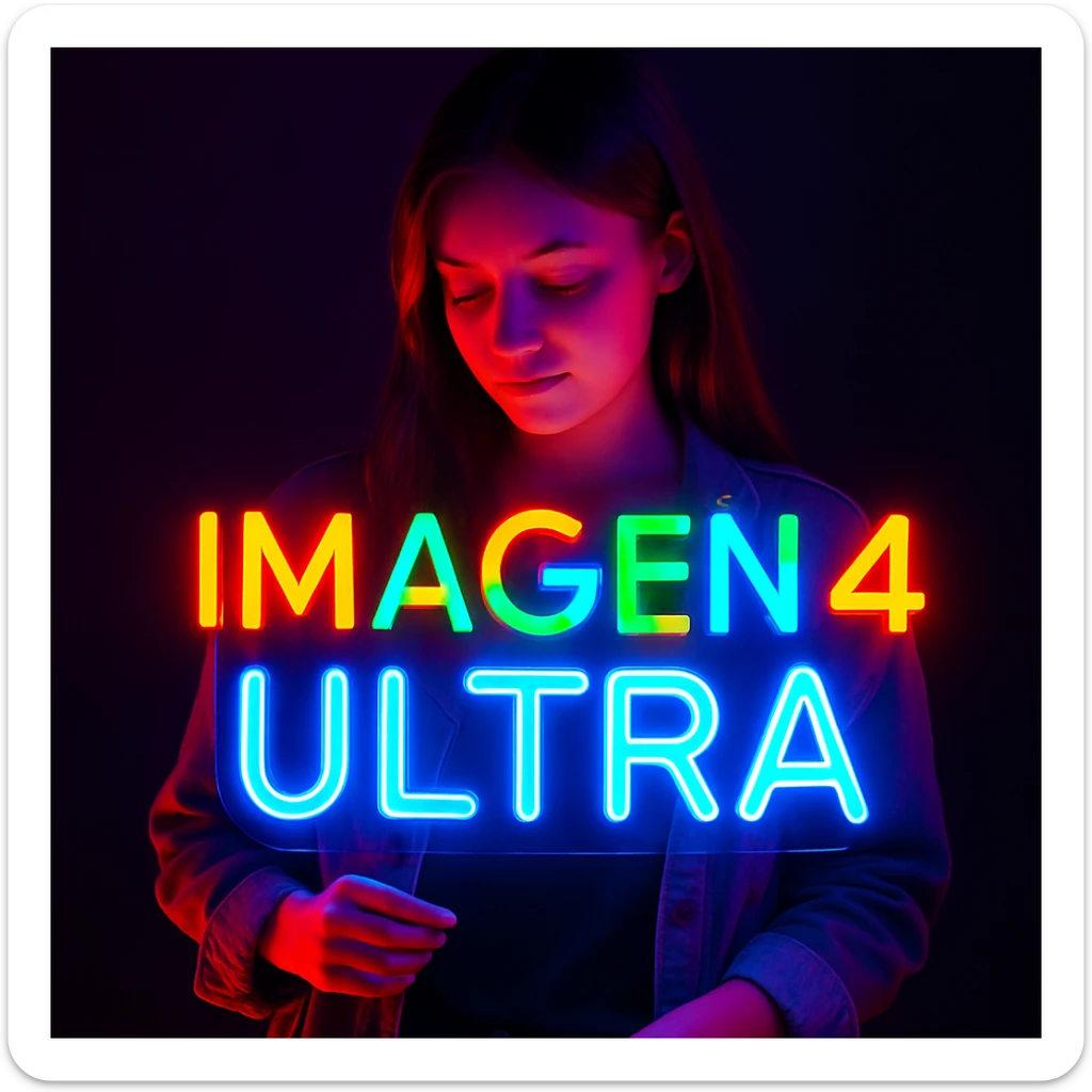 make a girl holding this sign, but sign in made of neon, also add ultra below the sign sticker