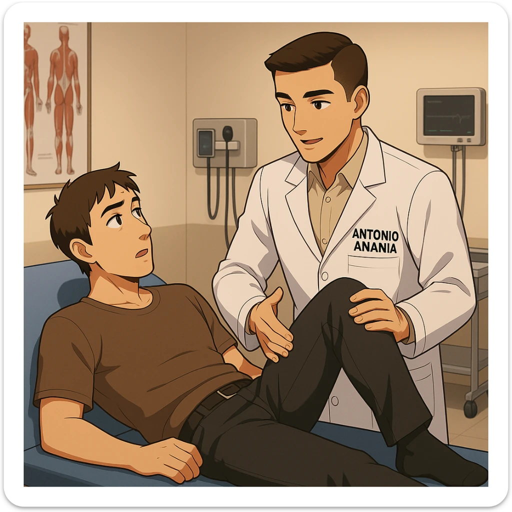 fai un webtoon manga a colori con questo stile, in cui un uomo è steso sul lettino medico e il kinesiologo con il camice bianco (fagli anche la scritta "ANTONIO ANANIA" SUL CAMICE, gli solleva una gamba per fargli il test neuromuscolare, IL KINESIOLOGO SPIEGA ALL'UOMO UNA cosa mentre gli alza la gamba. non fare i fumetti però, fai solo in modo che sembri stiano parlando sticker