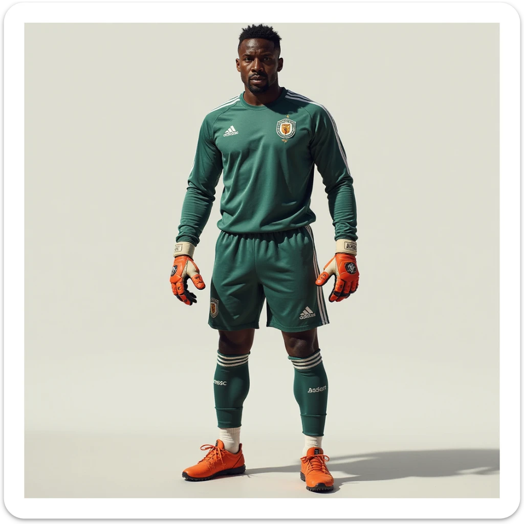 realistic style standing pose of André Onana, football goalkeeper, wearing gloves, confident pose, short hair, dark skin, simple background sticker