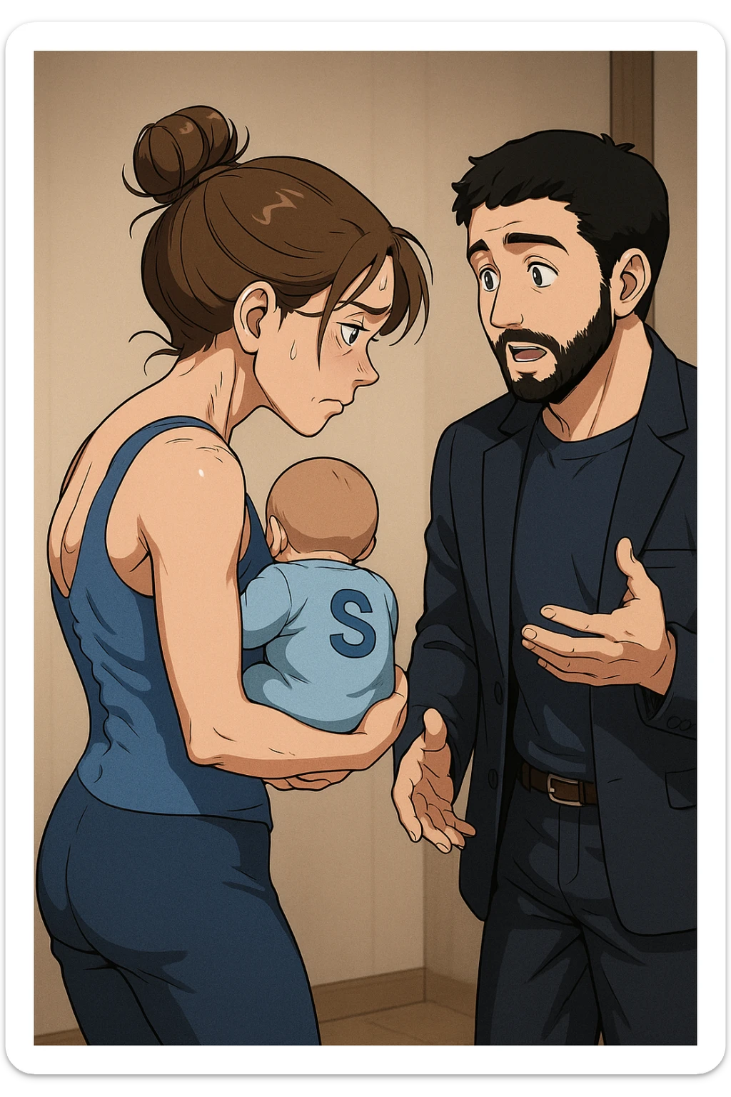 ispirati a questo stile di disegno e fai questa immagine in versione manga/webtoon a colori, il manga mostra la donna preoccupata di profilo con la postura sbagliata e incurvata, spalle chiuse e curve in avanti, con un neonato in braccio con una tutina azzurra e la scritta "S" sulla schiena, spina dorsale storta della donna in evidenza mentre ascolta l'uomo mentre l'uomo gli sta spiegando una cosa, ma non fare i fumetti, fai come se stessero parlando sticker