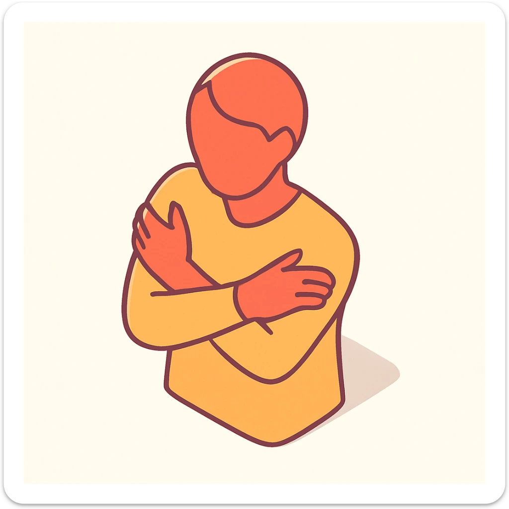 silhouette of a person hugging themselves, symbol of self-care, 2D isometric style, simple shape, clear shadows and highlights sticker