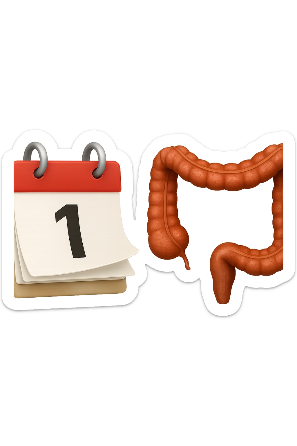 emoji stile iphone di un calendario con fogli che volano insieme a pezzi anatomici di colon umano, iperrealistico 4k, isolato su sfondo bianco sticker