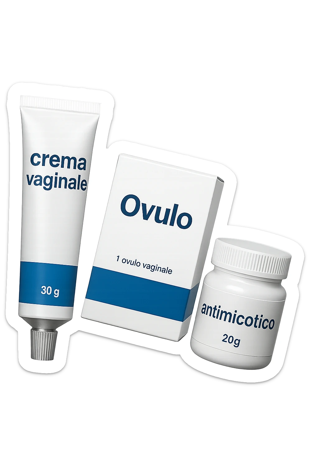 un tubetto di crema con la scritta "crema va**ale", una scatola con farmaco con la scritta "ovulo", un barattolo di farmaco con la scritta "antimicotico" in italiano sulle etichette, fluttuano in aria, IPERREALISTICO 4K sticker