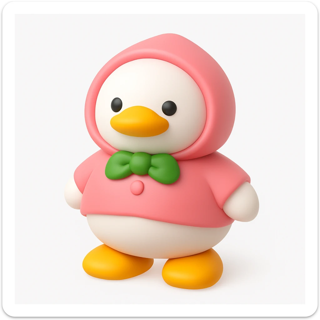 3D iOS style emoji of a duck wearing a pink hoodie with green buttons and yellow shoes sticker