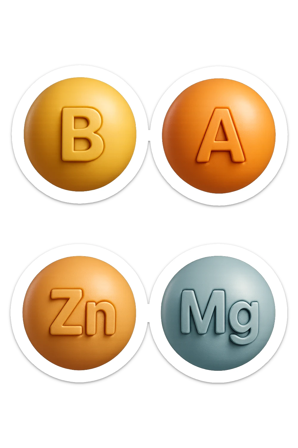 emoji stile iphone in 3d di vitamina B, vitamina A, zinco, magnesio fluttuano in aria, iperrealistico 4k sticker