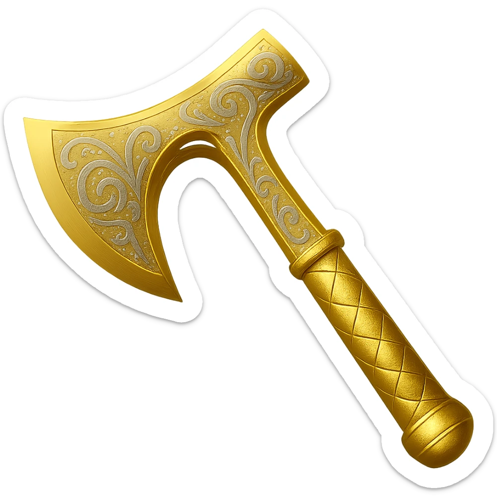 Recolor this weapon to a plated gold color with ornate engravings inlaid with silver. The gold should be rich and metallic, and the engravings should have a bright, reflective silver finish. Transparent background. sticker