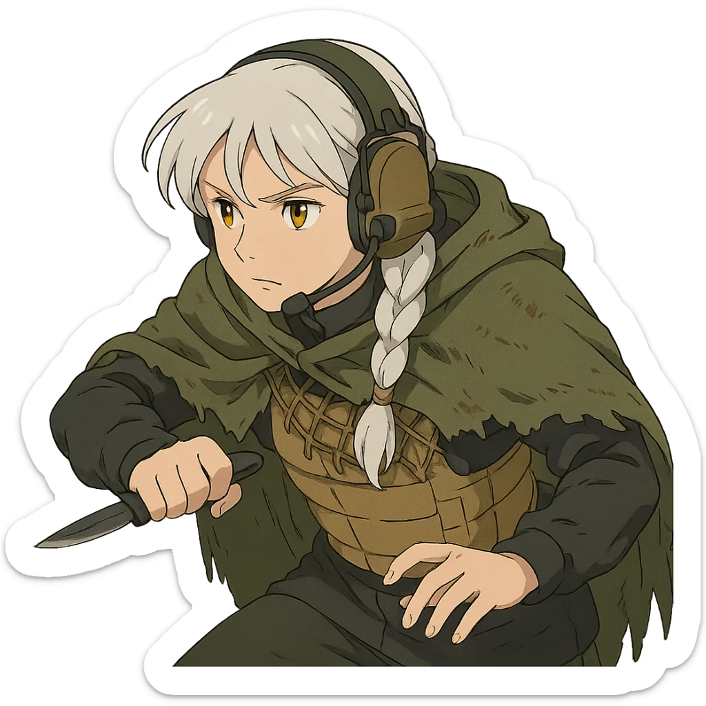 1 female, mid 20's, white hair in a long braid, gold yellow eyes, adorned in a black long sleeve shirt, tan body armor and a worn olive-green cloak with netting holding it together. She wears a COMTAC headset. she is hunched slightly, stealthily, focused on her target, holding a small combat blade at the ready sticker
