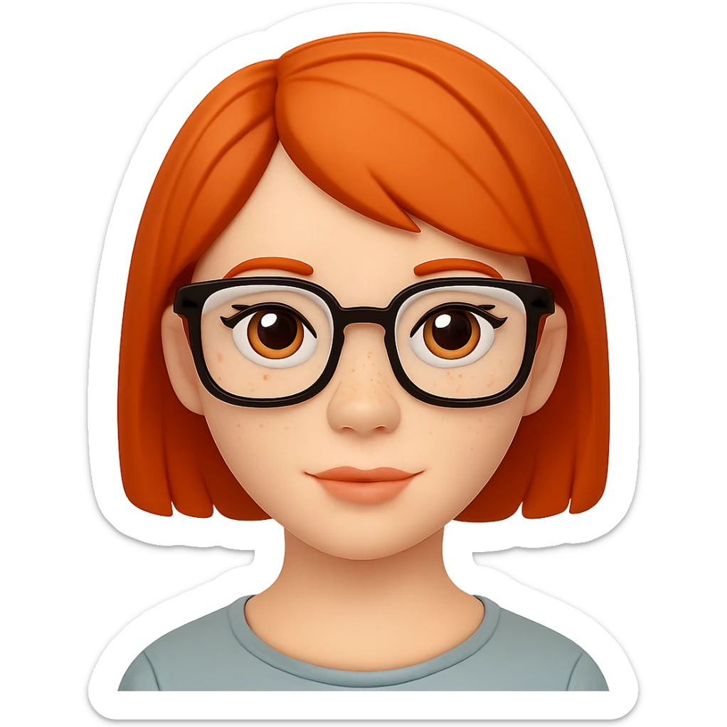 Add glasses to the freckled woman with short hair in emoji style. Remove the background. sticker