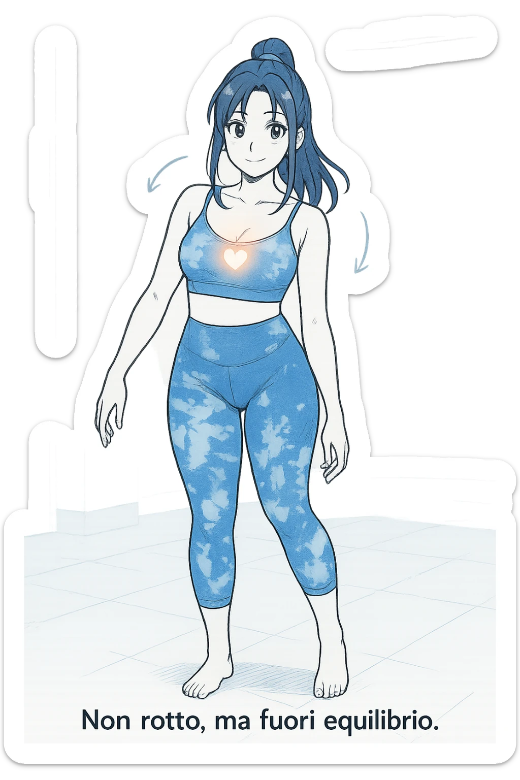 stile manga a woman stands in a relaxed pose, with a gentle, confident expression. Her body is shown with subtle, curved lines or arrows indicating areas of imbalance (such as a slight tilt in the shoulders or hips), but no signs of injury or damage. A soft glow or heart symbol at her core emphasizes resilience and the message “Non rotto, ma fuori equilibrio” The background is clean and clinical, with light blue tones. sticker