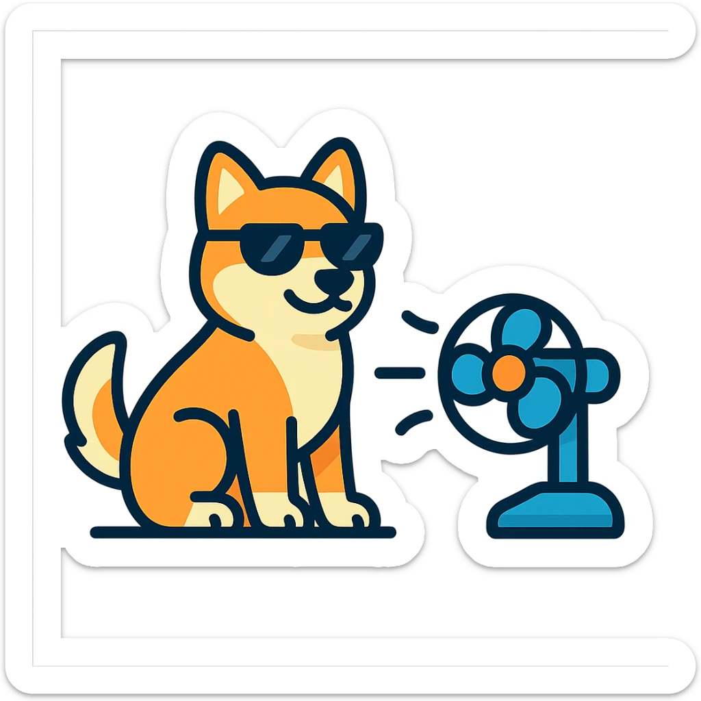 minimalist vector style logo of a cool Shiba Inu dog sitting near a small fan warm cheerful colors friendly safe expression no text no background elements tech friendly vehicle UI sticker