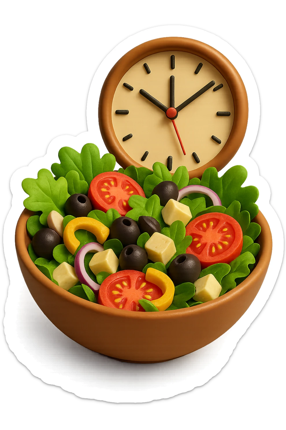 bowl con insalatona e orologio che le fluttua dietro che simboleggia una cena fatta in ritardo in 3d sticker