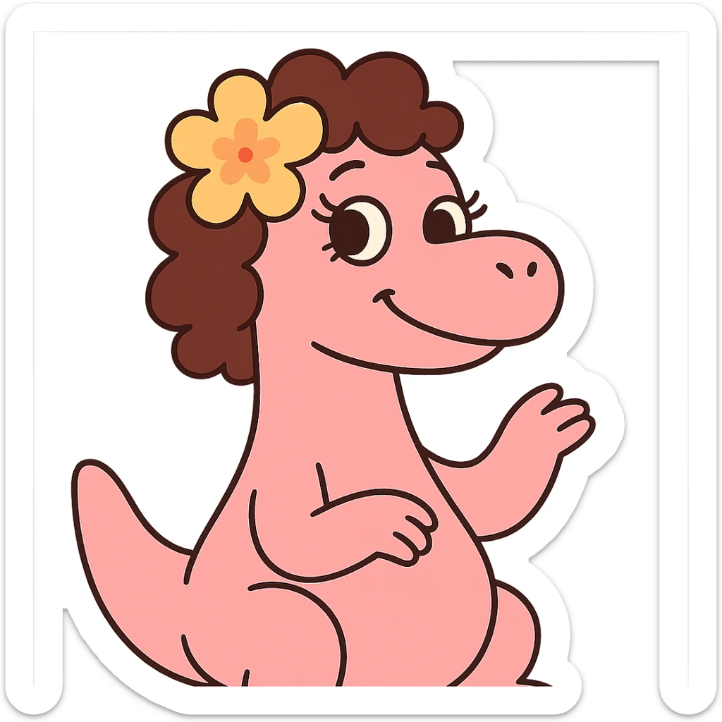 pastel pink dinosaur with brown curly hair, a Hawaiian flower in her hair, brown eyes, and long eyelashes sticker