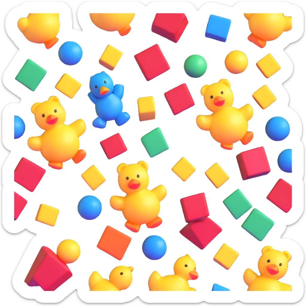 colorful scattered toys - teddy bear, rubber duck, blocks, ball, superhero figures sticker