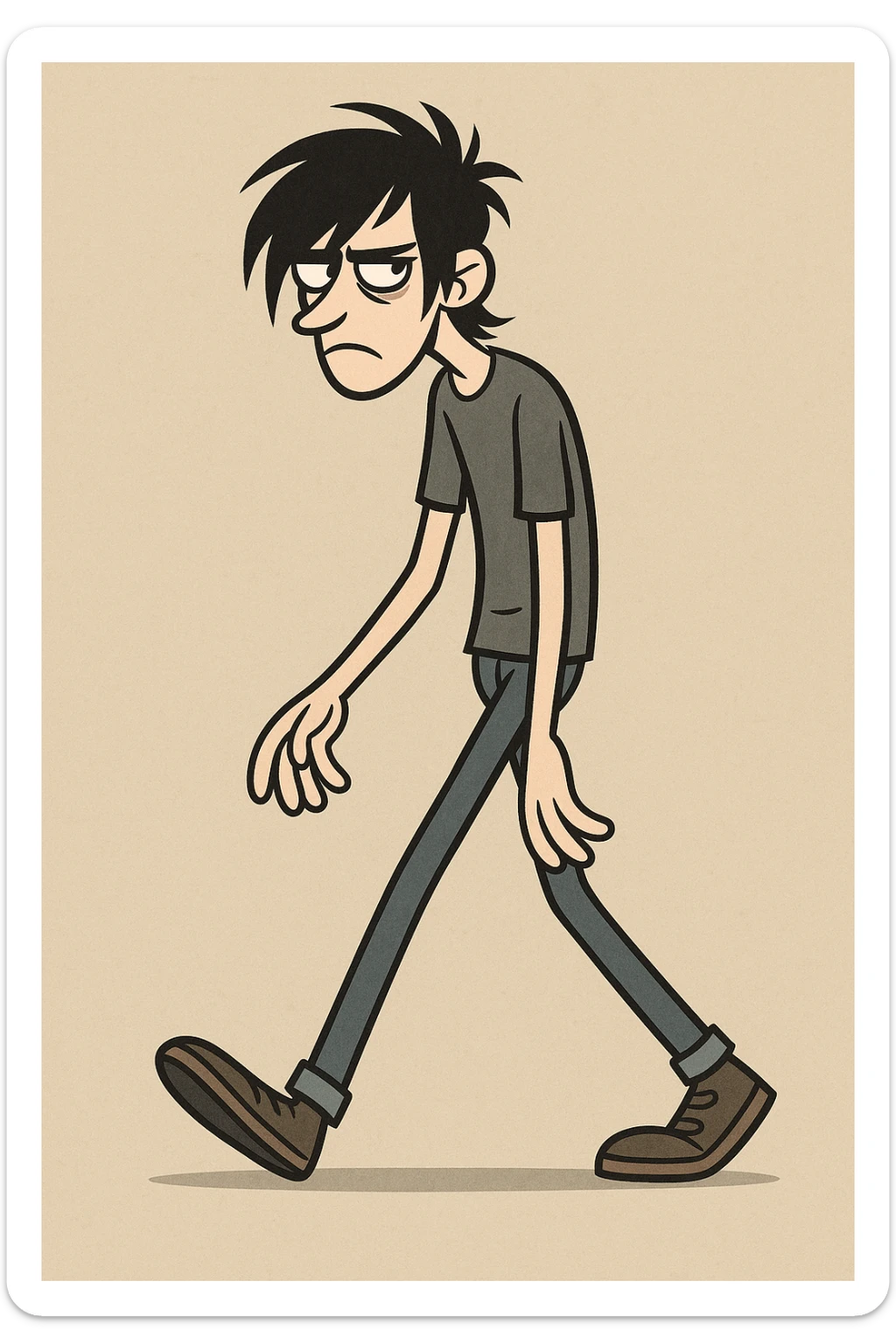 stylized tall skinny man with messy emo hairstyle walking, moody vibe, casual clothes, flat toon style sticker