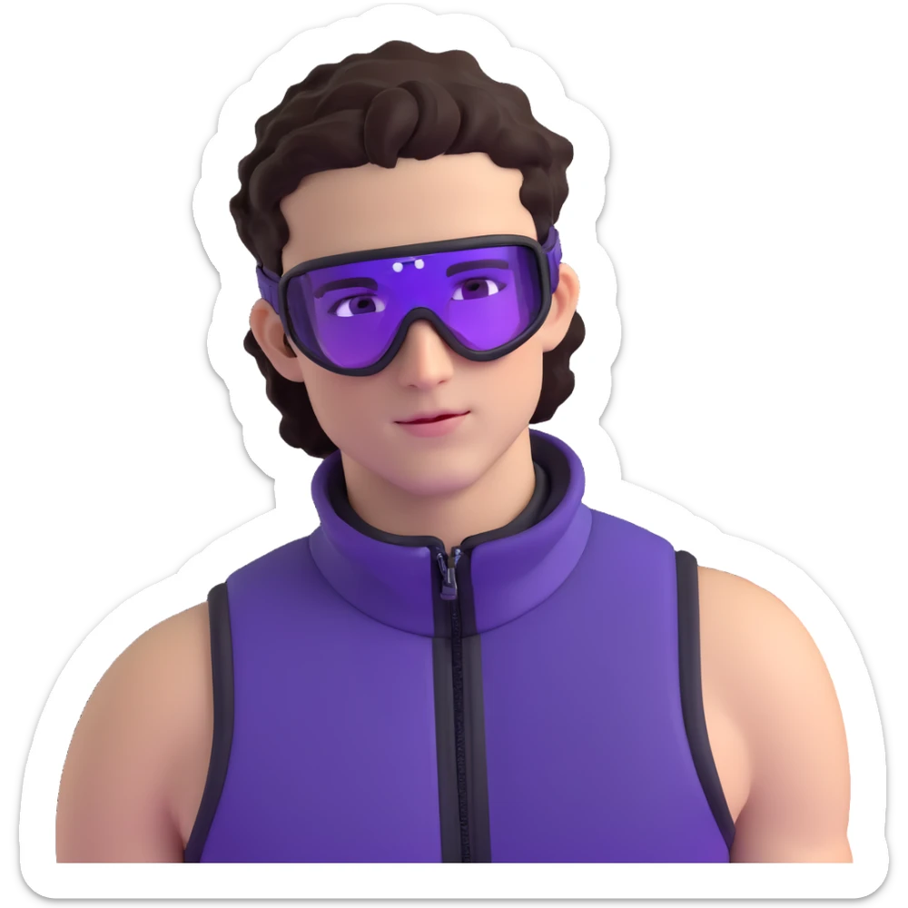 close-up of male athlete with white skin and moderately curly dark brown hair on top with shaved sides, wearing ski goggles with purple frames and very dark black lenses, a simple plain black chain necklace, and a completely unzipped sleeveless vest with purple and black sequin fire pattern design with no logo, with an arrogant smug smirk on his face, looking confident and cocky sticker