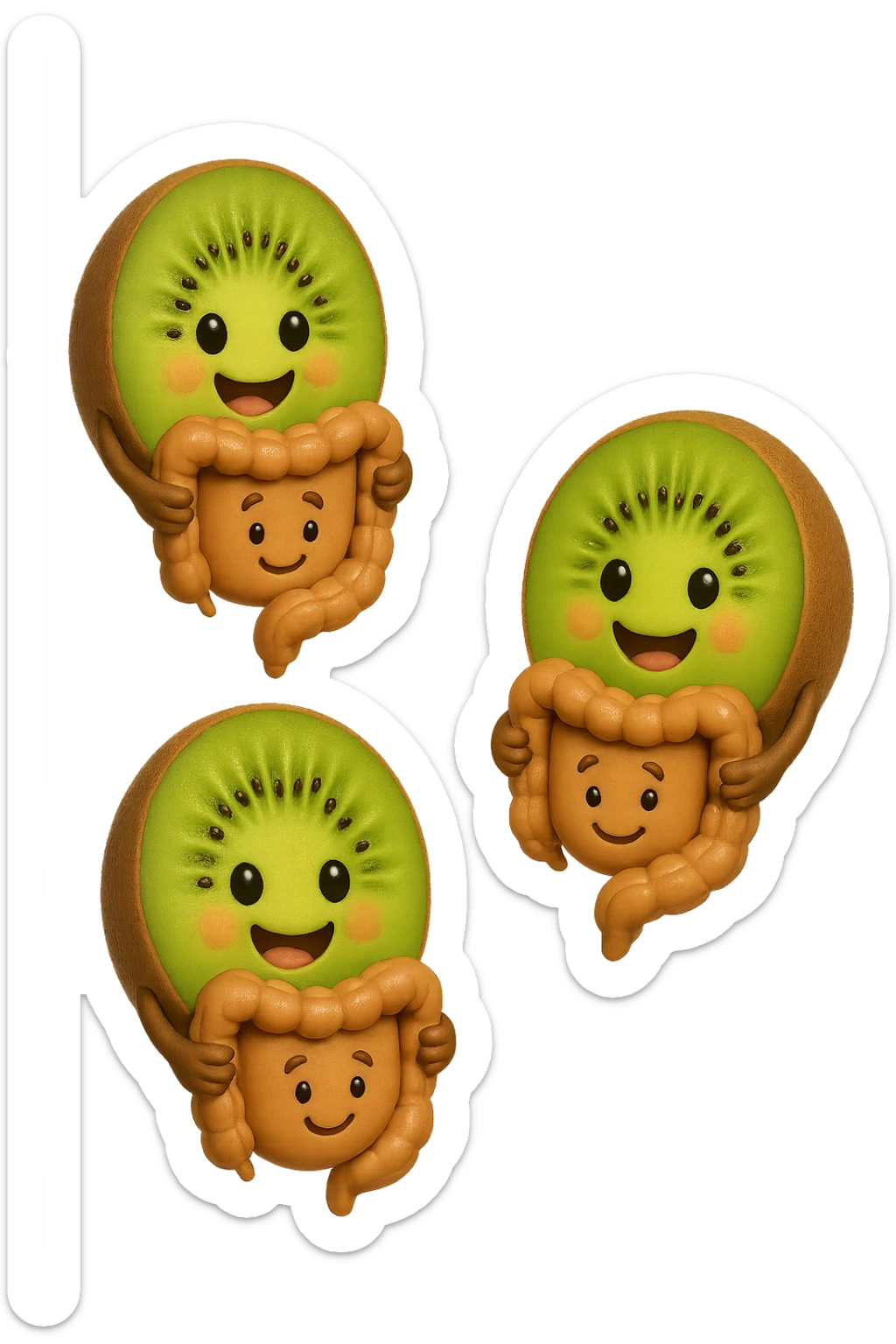 emoji stile iphone di kiwi fluttuano in aria tenendo in mano un pezzo di colon con espressione felice in volto, iperrealistico 4k sticker