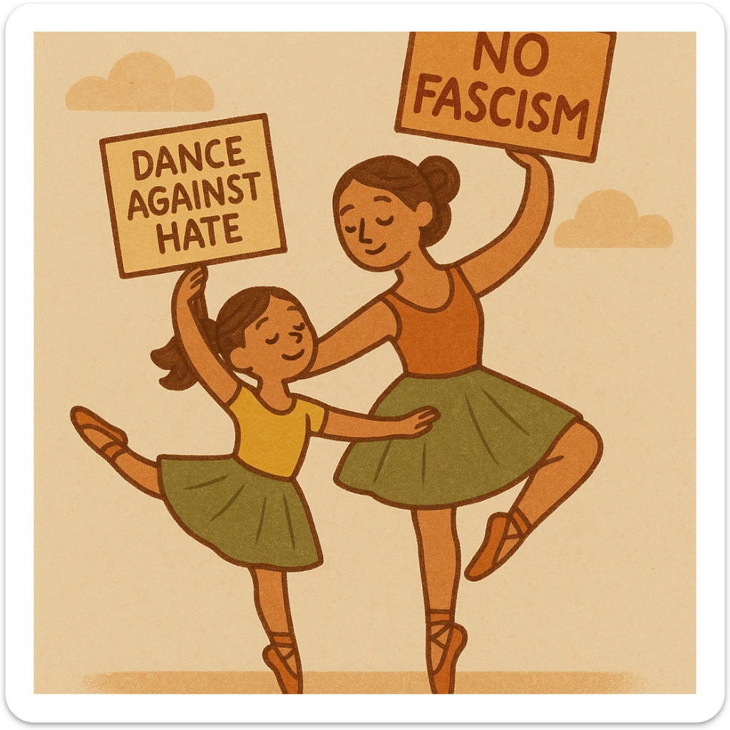 A mother and daughter ballet duo, mid-dance, with protest placards and bold anti-fascist slogans, energetic and inspiring sticker