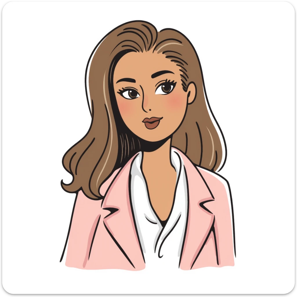 A 30-year-old woman with tanned skin, light brown long wavy hair with curled ends, delicate face, almond-shaped eyes with smoky foxy eye makeup, brown eyes, wearing a light pink elegant blazer and white satin cowl neck blouse with thin straps sticker
