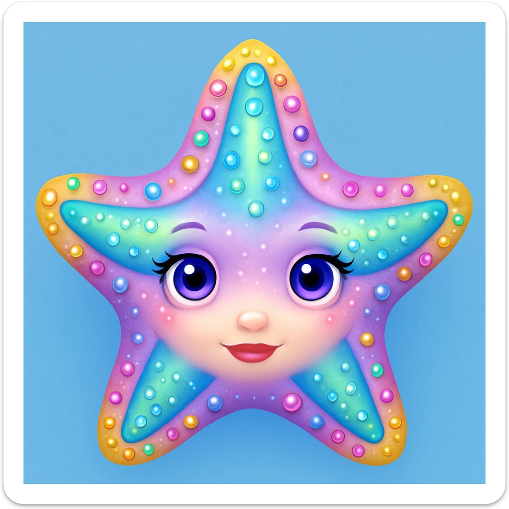 Add a soft blue background behind the apple emoji style rainbow pastel sea star with gems, keep the emoji style and all details. The style should resemble the original apple emoji style with rainbow pastel colors and gem details. sticker