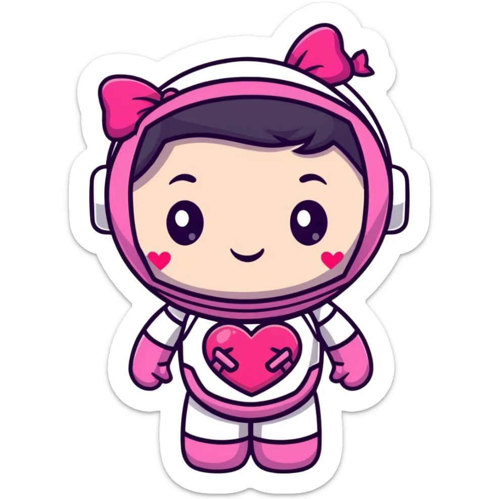 adorable pink robot girl with a hair bow and heart patterns sticker