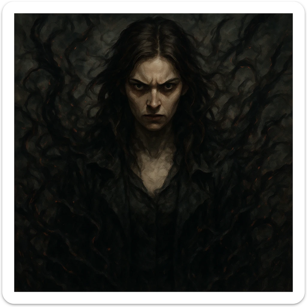 A woman with brown hair surrounded by chaotic, negative energy, intimidating presence, intense and foreboding expression, menacing and dreadful aura, sharp features, unsettling vibe sticker
