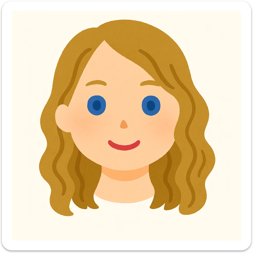 Edit the image in the style of Irasutoya with soft colors, round features, and a friendly expression. Change the eye color to blue. Only show the head, no neck or body. sticker